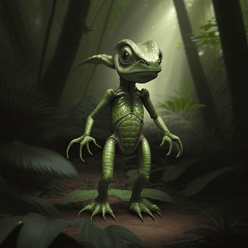AI generated: Photorealistic image of a small intelligent humanoid reptile alien standing in a open forest, with t...