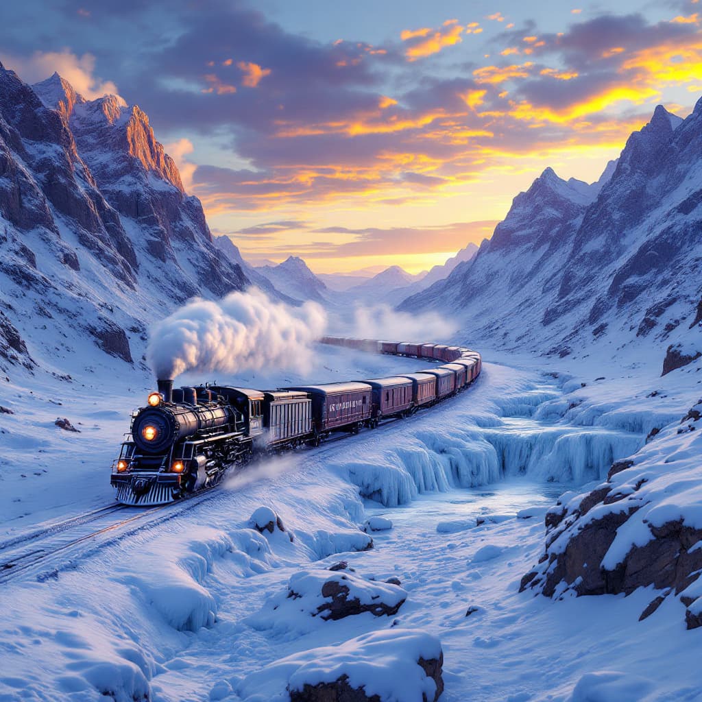 AI generated: An old locomotive pulling several box cars is going through a mountainous area during the winter. Th...