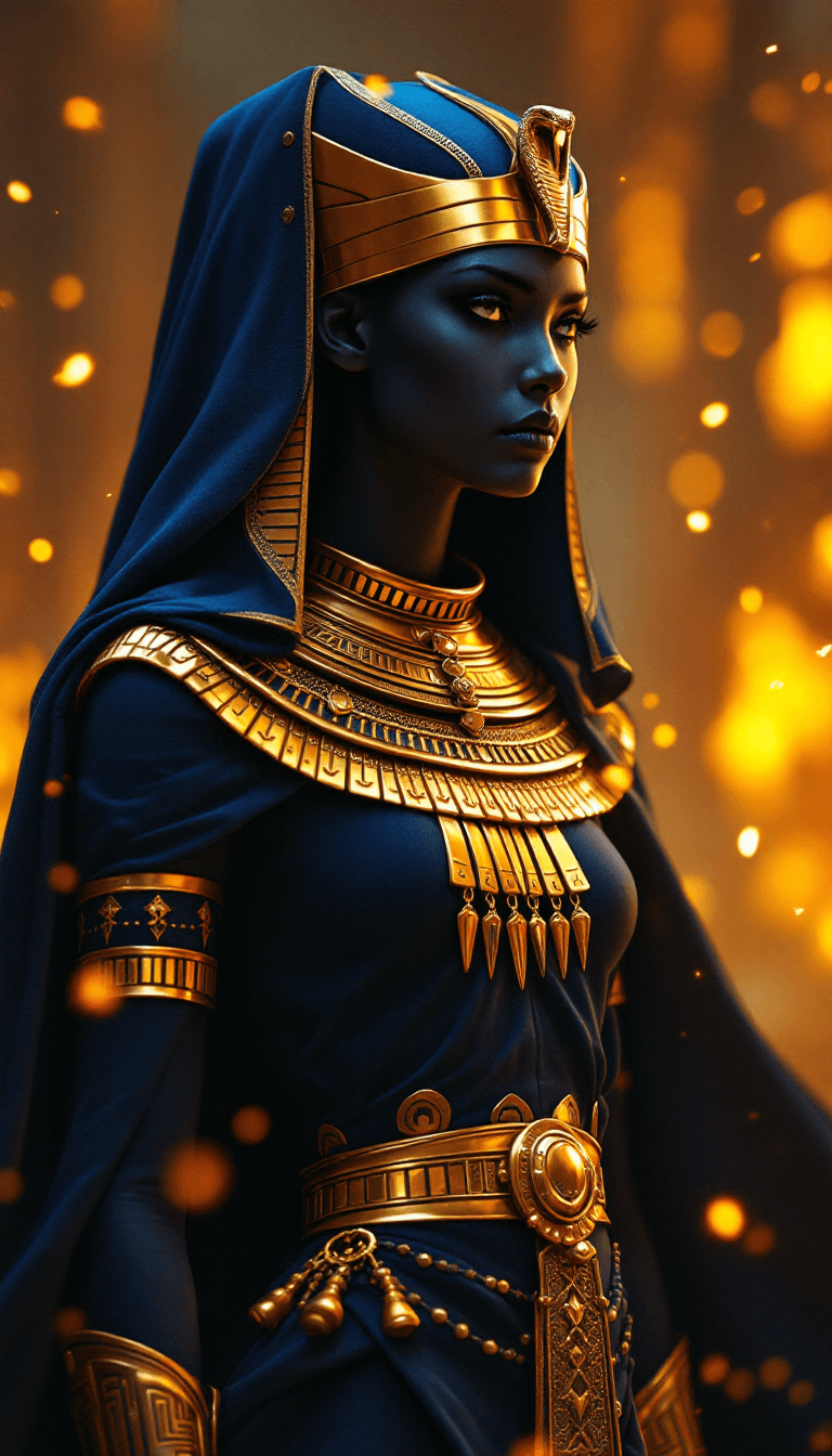 AI generated: A low-angle, side-view digital painting depicts a regal figure rendered in dark blues and shimmering...