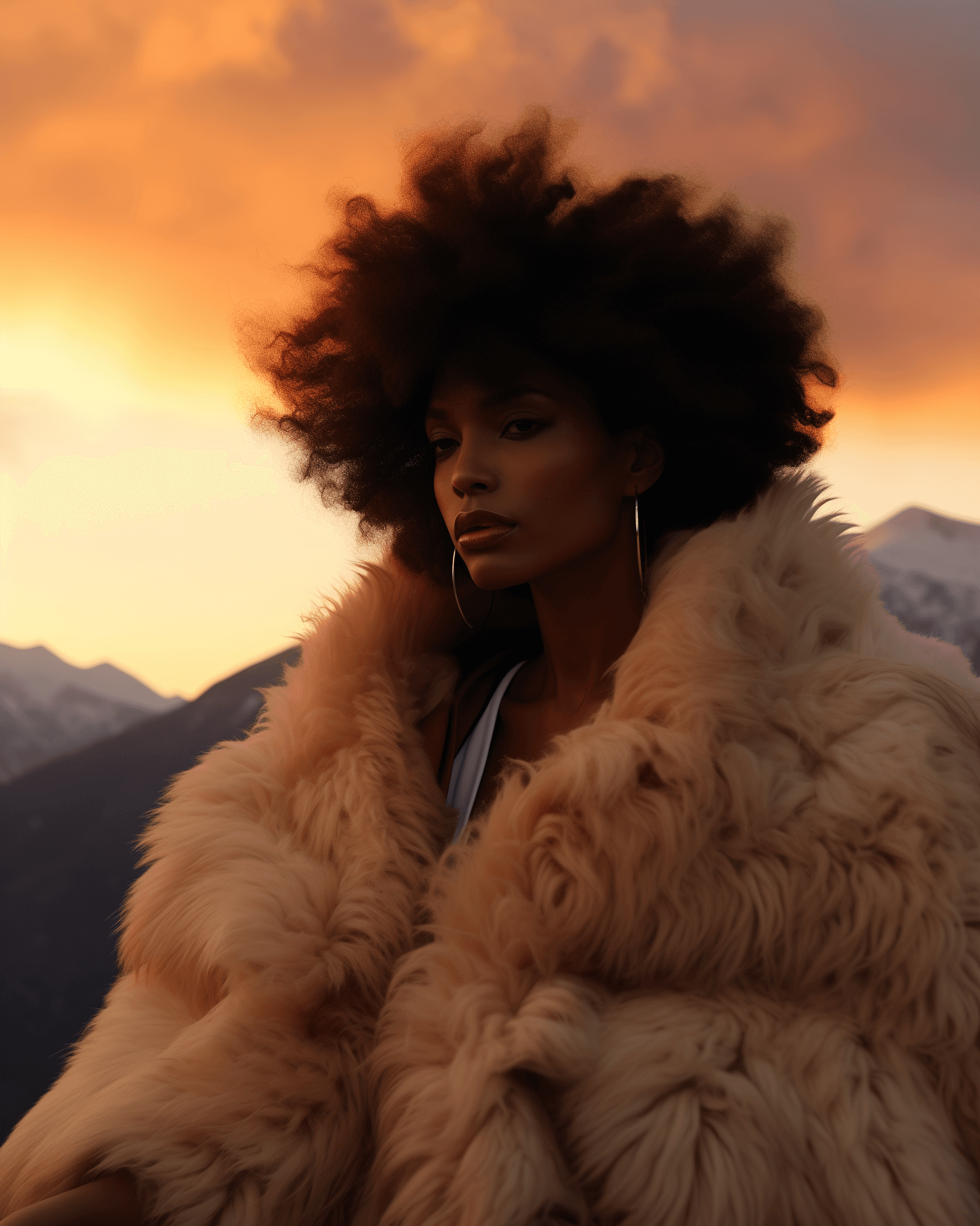 AI generated: A photo of an African woman with short hair in a white fluffy fringed cape sitting on top of a mount...