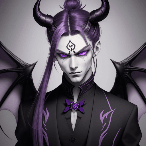 AI generated: A beautiful demon boy. purple anime style ponytail hairstyle. Slender body. (Full body.) Beautiful s...