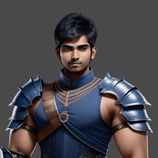 AI generated: an indian male age 26, broad shouldered, very muscular, 2 meters tall , skin tight armor, sleeveless...