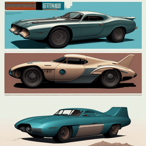 AI generated: highly detailed infographic of retrofuturism swimming cars found in popular mechanics magazine | vin...