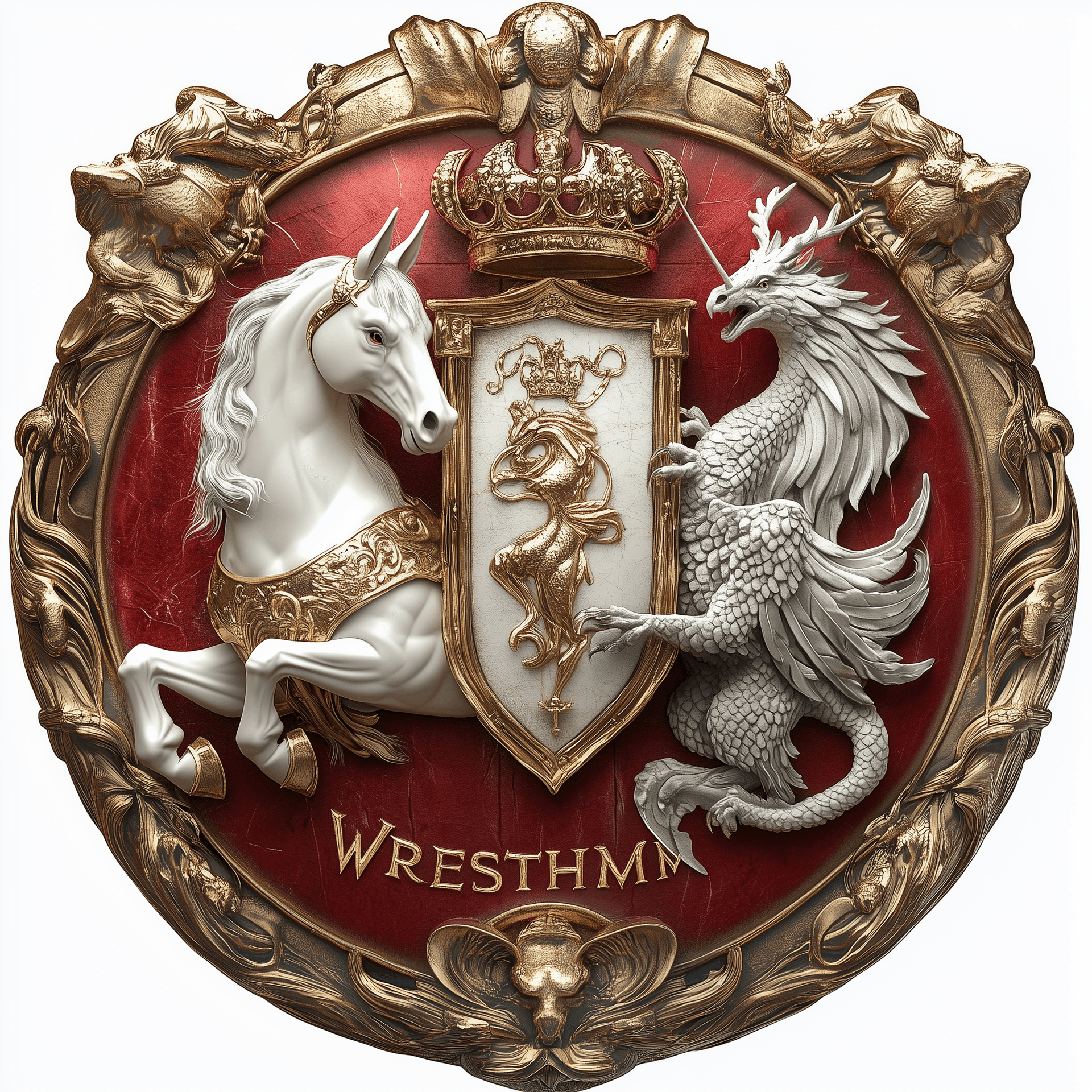 AI generated: magina photorealistic photo. coat of arms shield. on the shild writing in gold WREXHAM. on the left ...