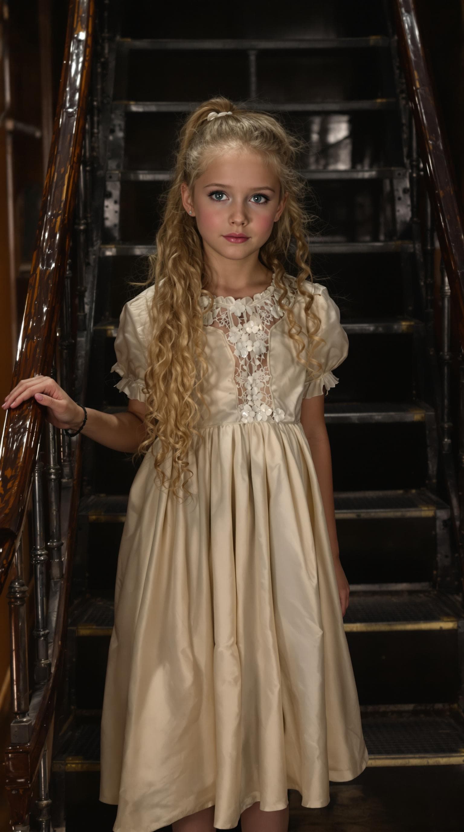 AI generated: a professional photo of a exceptionally beautiful girl aboard the Royal Mail Ship Titanic (age 7), (...