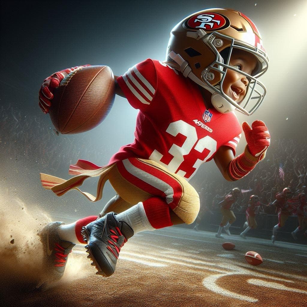 AI generated: In this fantastic scene a full body 49ers African American Footballer Toddler is wearing red and gol...