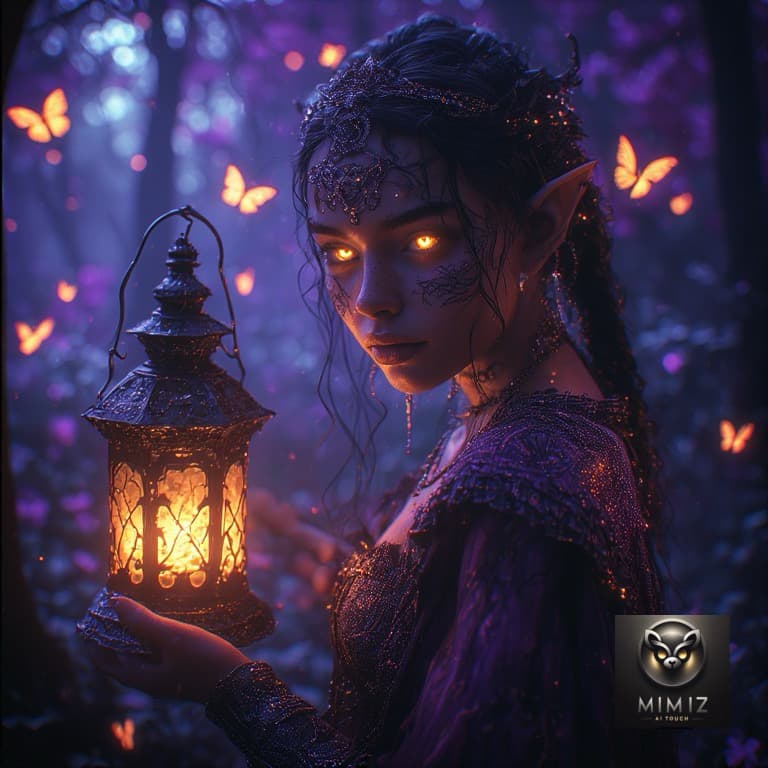 AI generated: Perchance
Dark fantasy portrait of a mystical elf woman with glowing amber eyes holding an ornate la...