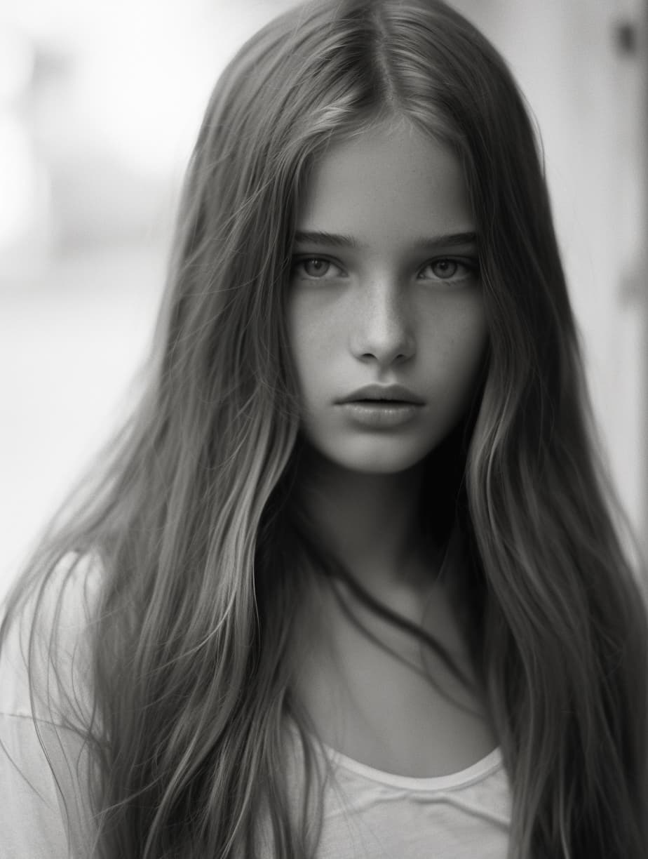 AI generated: a black and white photo of a woman with long hair, slavic woman, soft skin, 18 years old, sharp soft...