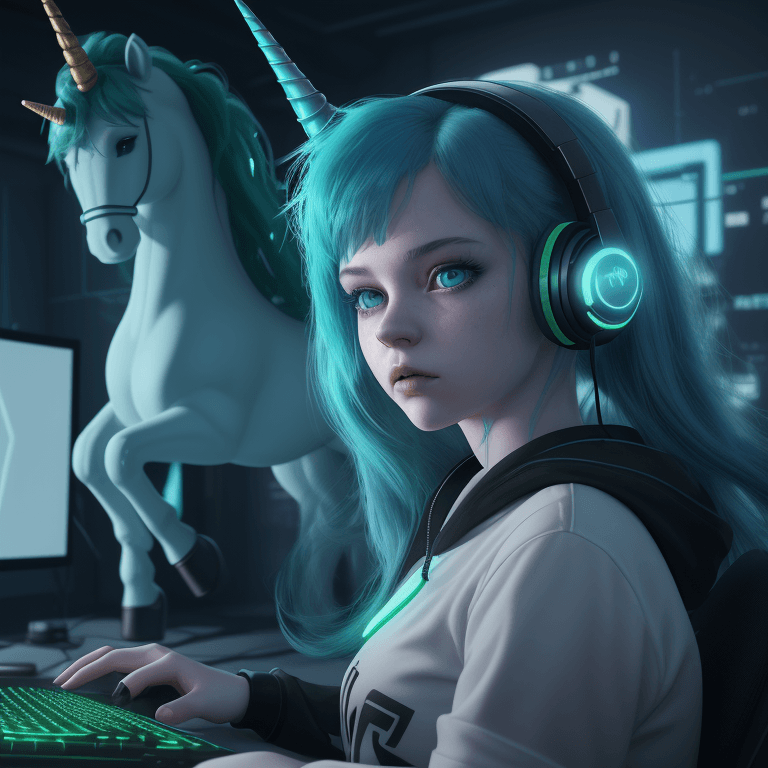 AI generated: Young girl with emerald hair, headphones on her head, blue eyes, flying plush glowing unicorn on the...