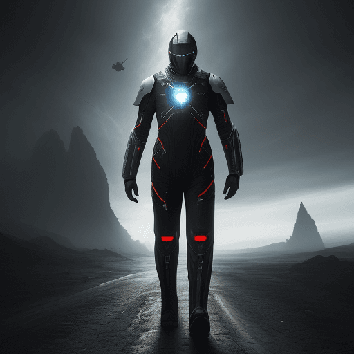 AI generated: sci-fi bild, muskelöser freundlicher mann, schielent, glatze, schwarzer vollbart, 8k