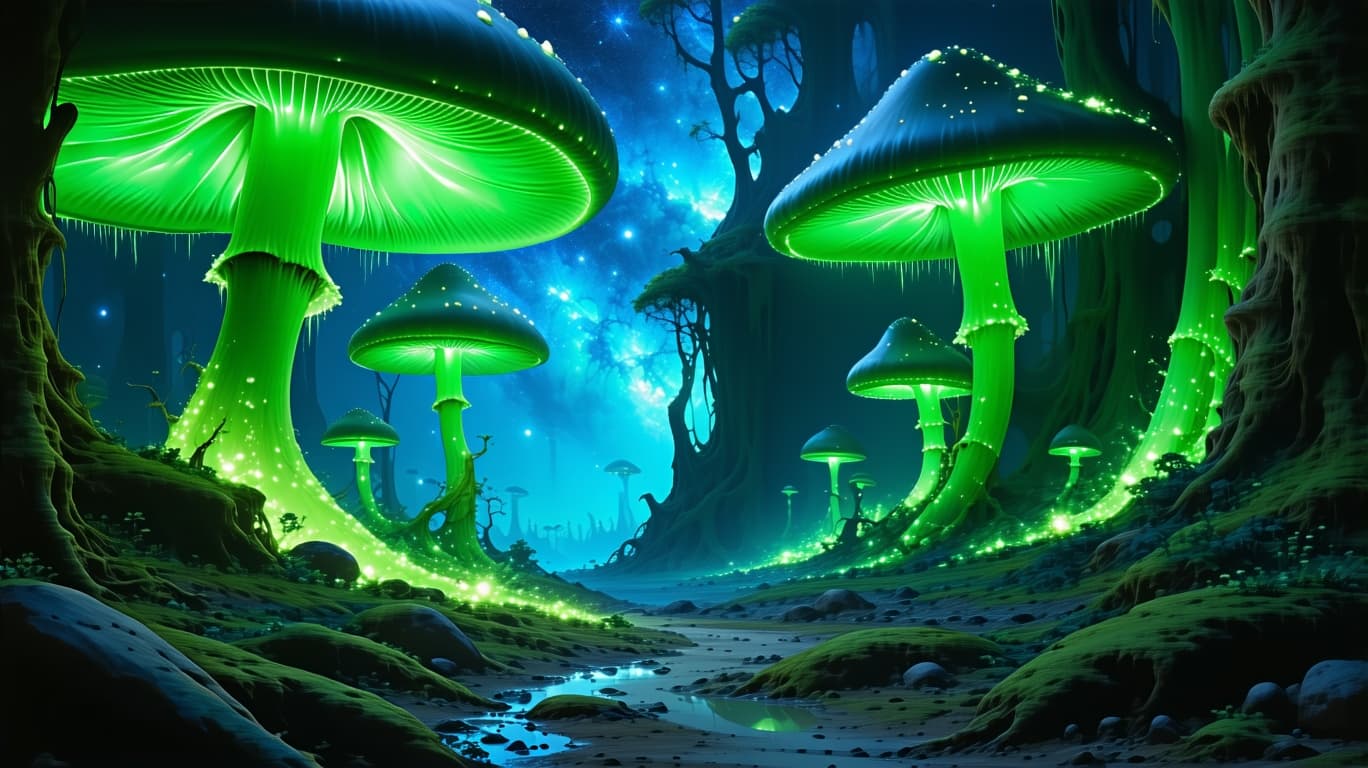 AI generated: Fantasy landscape, dynamic lights, glowing emerald, nebulas, sunset,,8k photorealistic eternal  ambi...