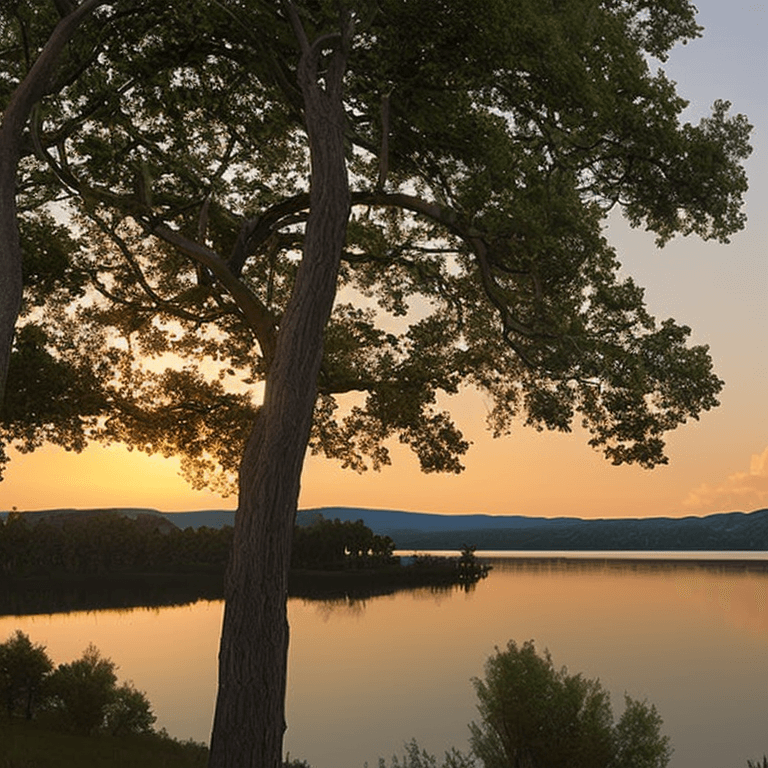 AI generated: photorealistic oil on canvas,
sparse clouds in a soaring sky, 
lake, beach, river, trees, 
beautiful...