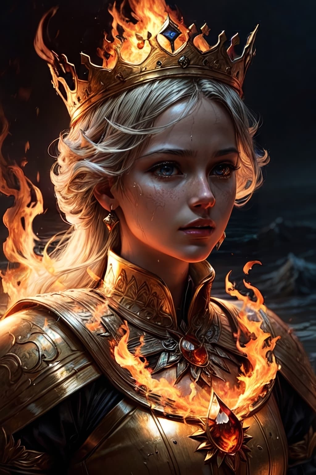 AI generated: queen of water character, crown made of flames, photorealistic, epic, dramatic lighting