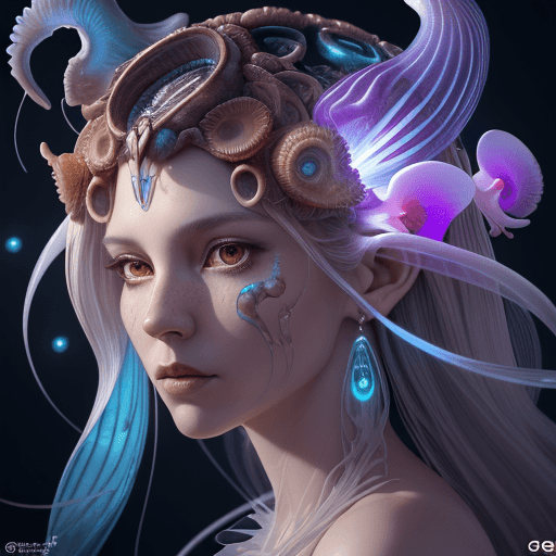 AI generated: Goddess close-up portrait ribcagel. jellyfish phoenix head, nautilus, orchid, skull, betta fish, bio...
