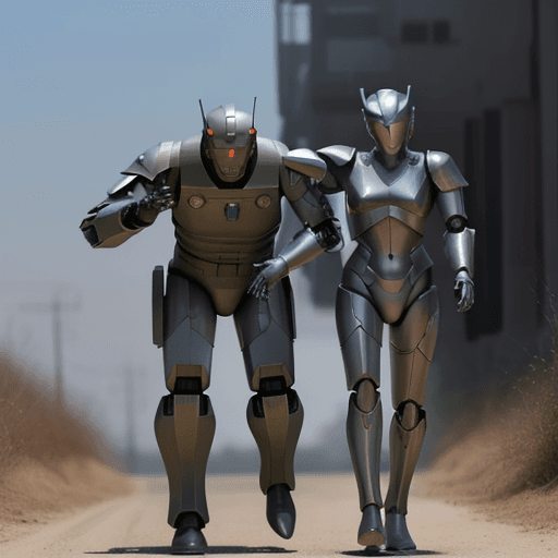 AI generated: a soldier being followed closely by a robot that will transform into armor to protect the soldier
