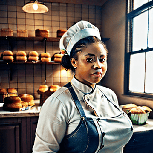 AI generated: High resolution photography interior design, pretty fat African American female chef, baking, organi...