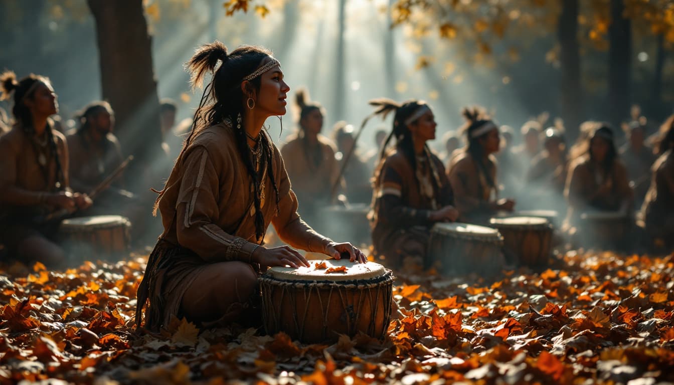AI generated: The sound of leaves crunching under the participants' feet, blending with the drumbeats.Native Ameri...