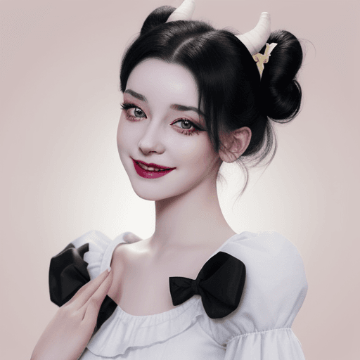 AI generated: YoungTiefling woman with a pastel dress, long white and black hair with two side buns and black horn...