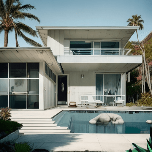 AI generated: Hyper realistic eye level exterior photo of a mid century modern style house overlooking the ocean, ...