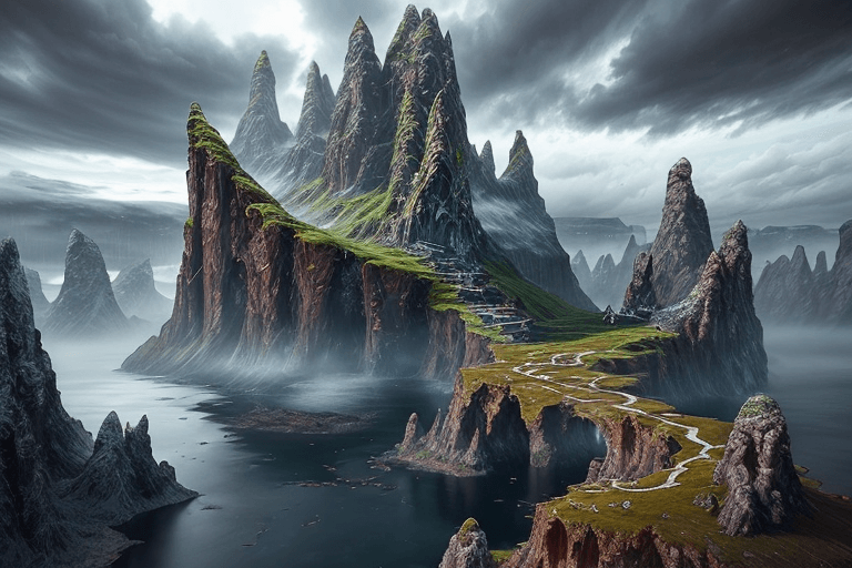 AI generated: asgard, kingdom of gods, rain, clouds, incredible visual, marvelous view, landscape concept art, ray...