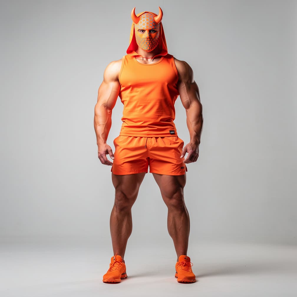 AI generated: A big muscular man wearing orange short shorts and a orange tank top with a hood plus a orange mask ...