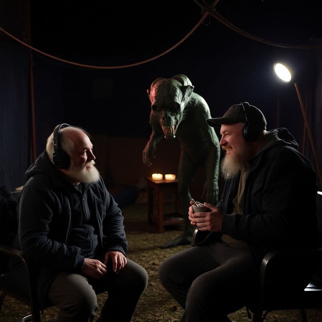 AI generated: Joe Rogan on set with a skinwalker, horror, unsettling, the shmiggle experience