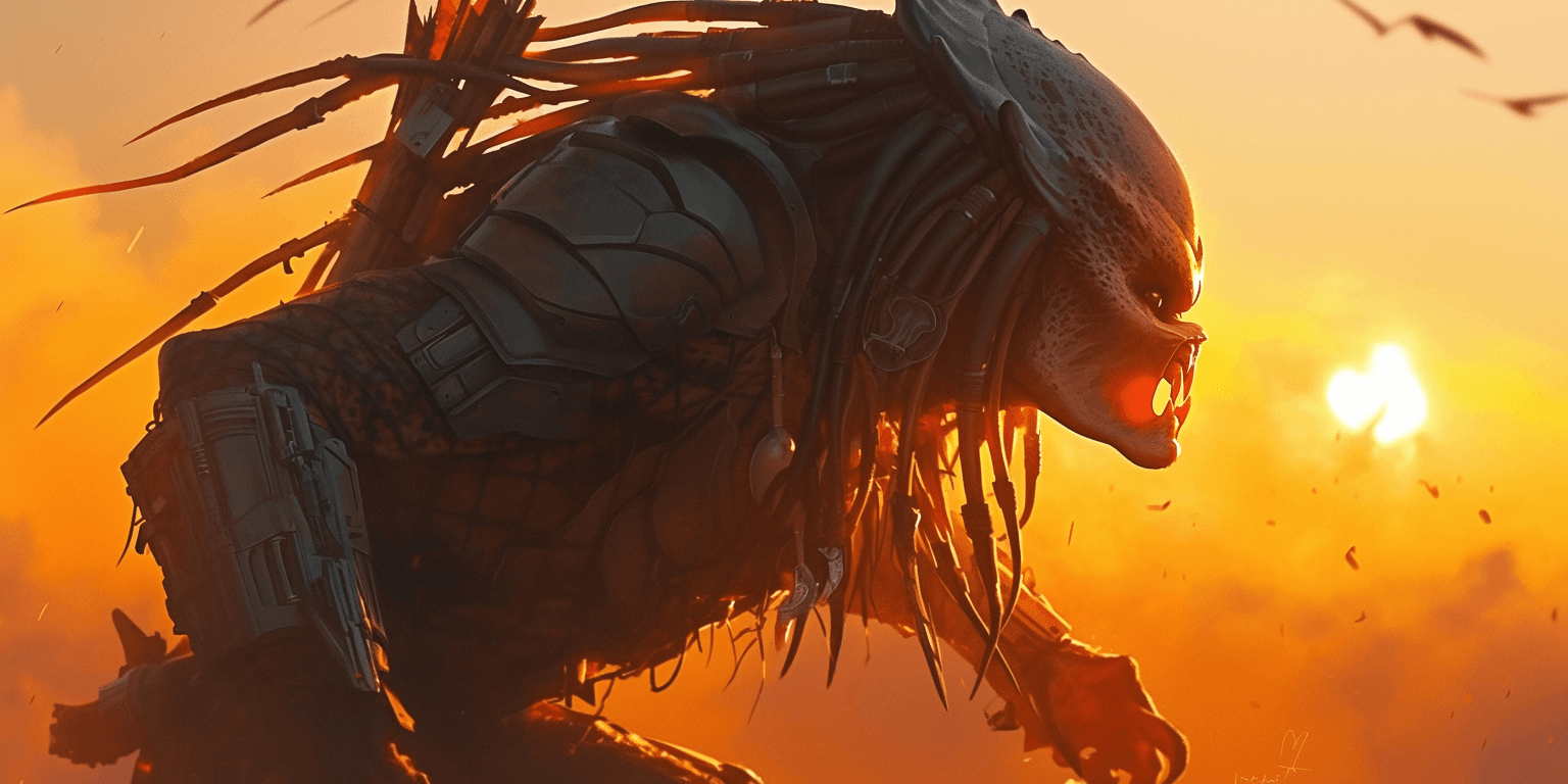 AI generated: Action photography of the Predator from John McTiernan's movie, posing ready to fight with sunset gr...
