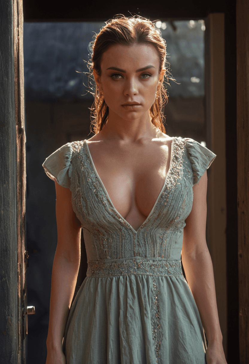 AI generated: HDR photo of wearing a dress,standing in doorway,perfect face,beautiful face,lots of fine detail,out...