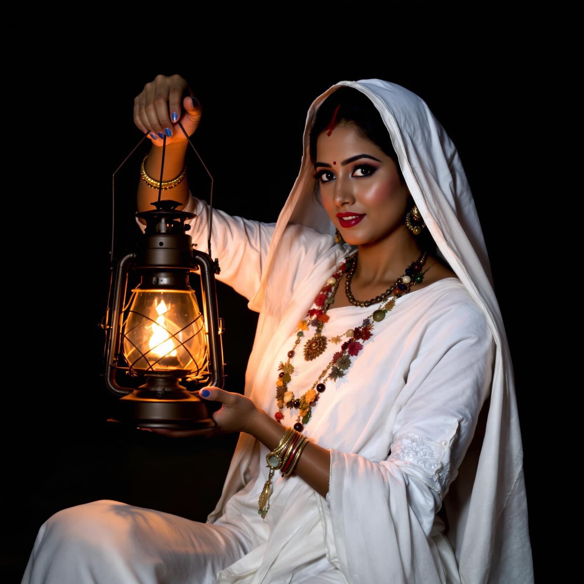 AI generated: a photo of Indian woman in white traditional dress holding an old lantern, dark forest background, s...