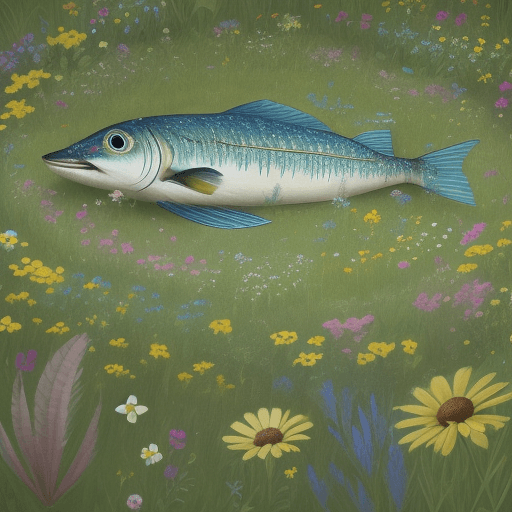 AI generated: Flower Meadow with a crashed flying fish lying in the middle of the picture