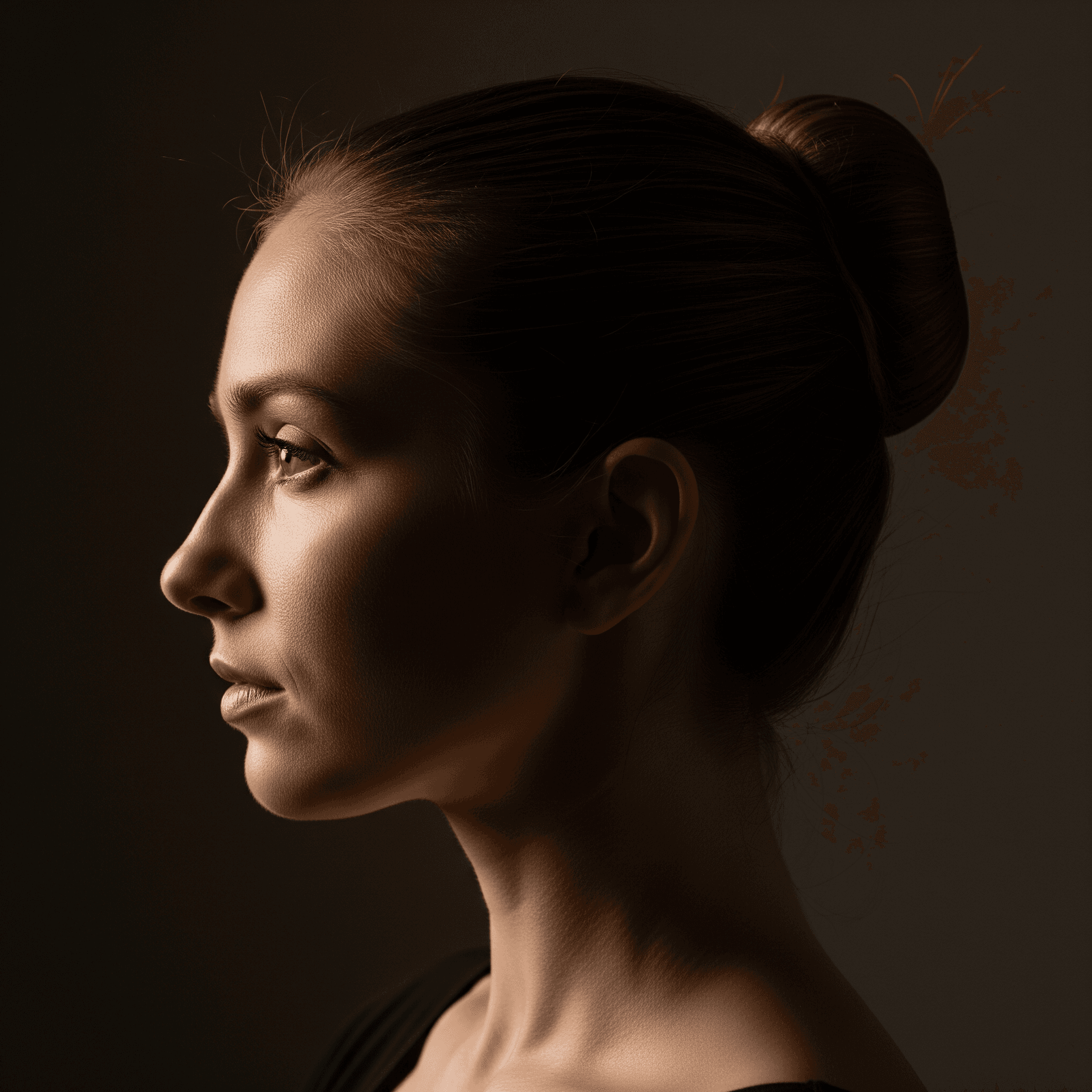 AI generated: Close-up profile of a woman with a ballet bun, captured with dramatic chiaroscuro lighting. Intense ...