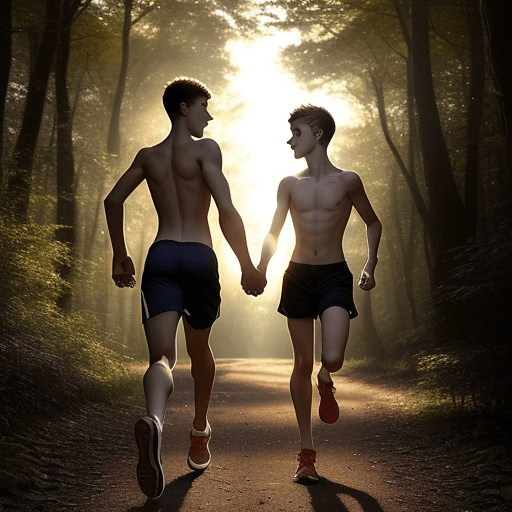 AI generated: Two shirtless athletic teens who are 18 years old run into the woods just at sunset along a path. Th...