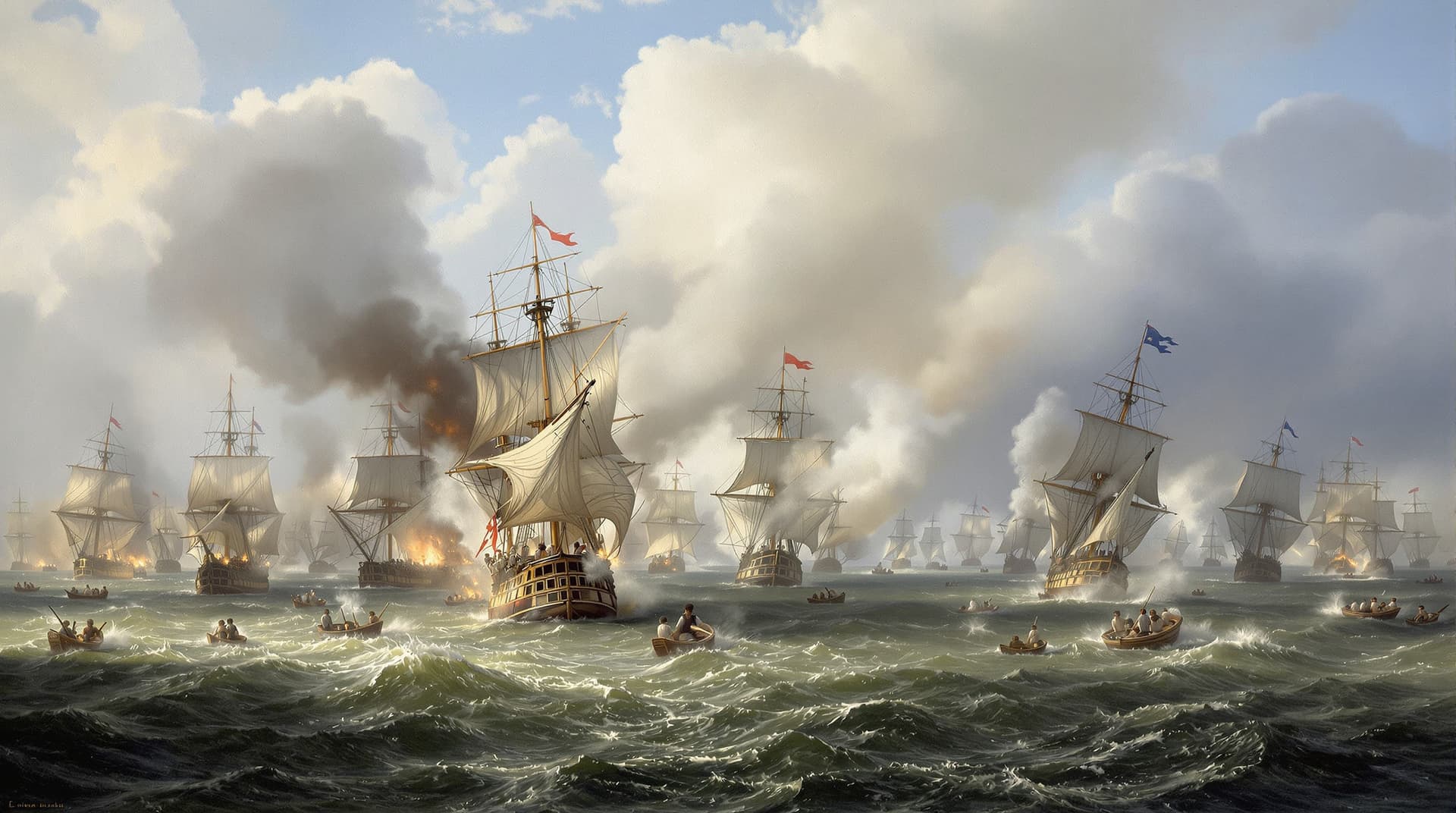 AI generated: STYLE: "In style of Ivan Aivazovsky + Édouard Detaille (+ Claude Joseph Vernet), where Aivazovsky’s ...