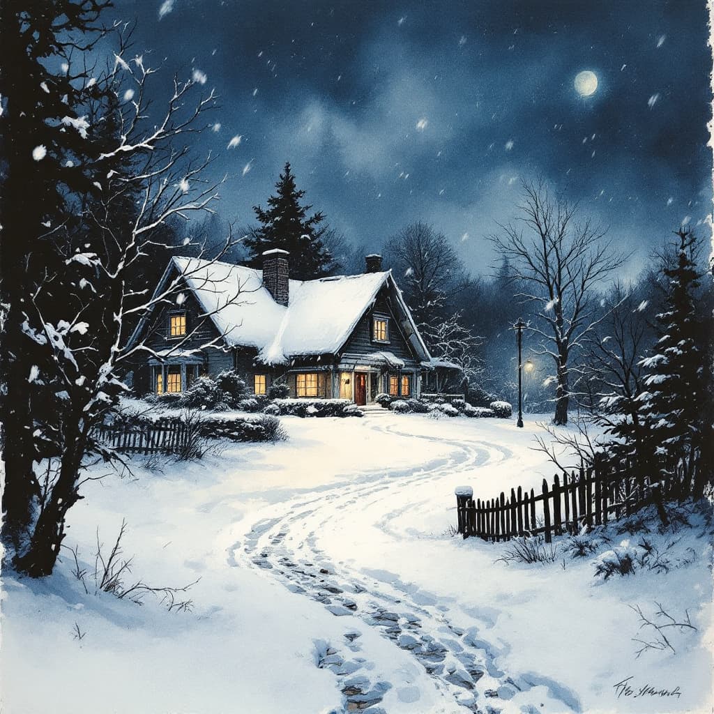 AI generated: illustration of snow covered home, december, night, howling wind, motion, snow covered trees, fog, l...