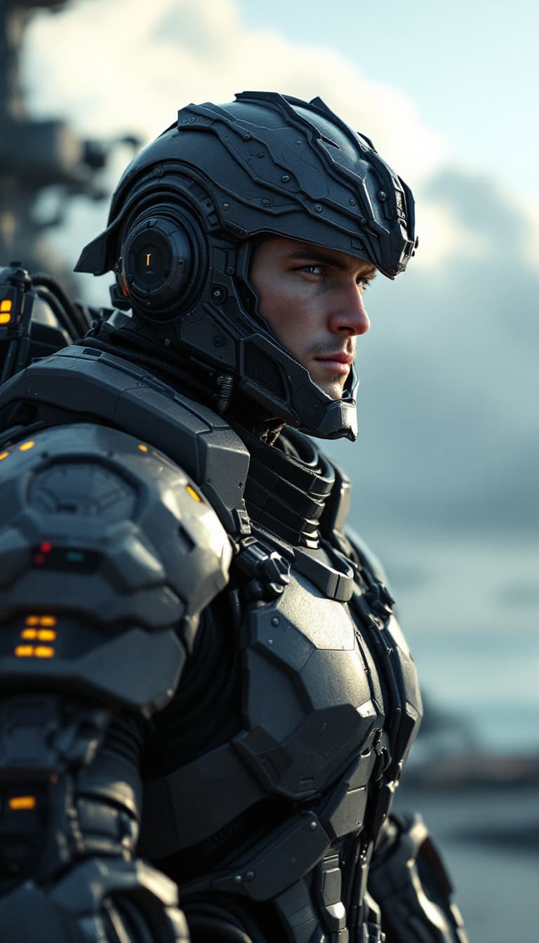 AI generated: HD 4K 3D render of a hyper-realistic male mech pilot, wearing an intricate knight helmet, standing c...