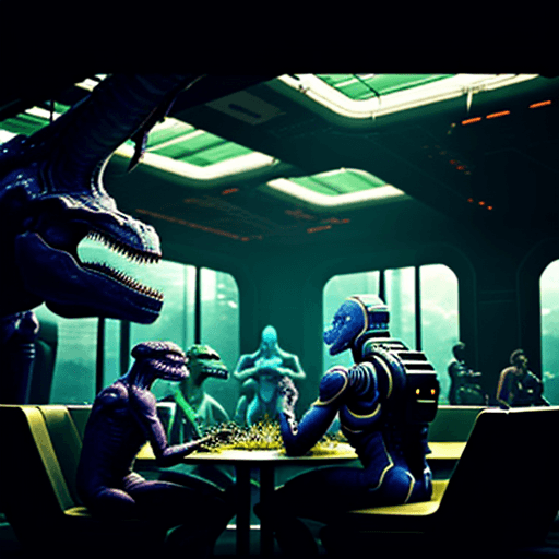 AI generated: Futuristic CyberPunk interior photo of a dining hall area in a station celebratory decorations atten...