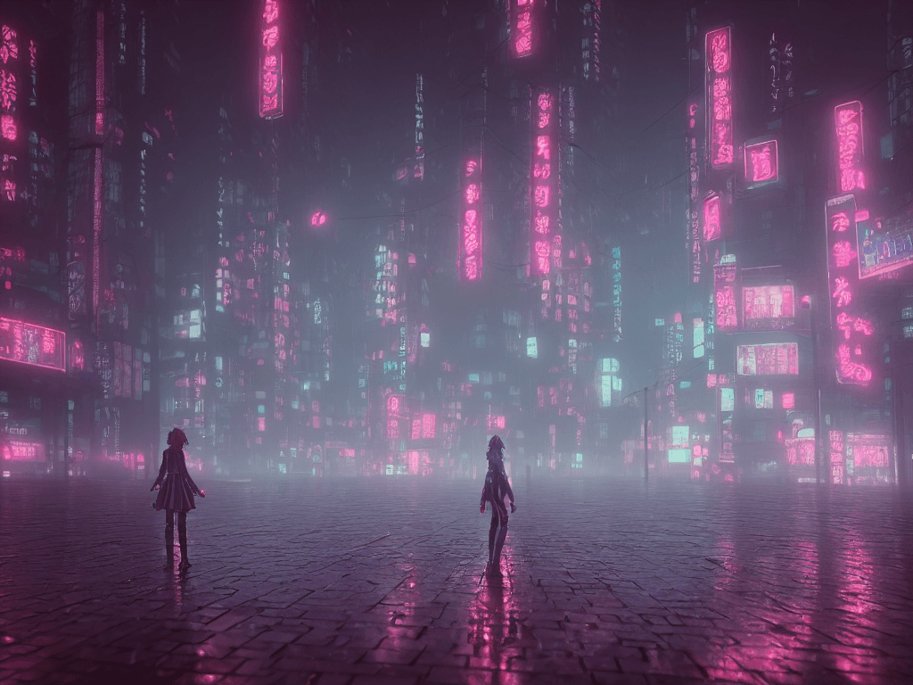 AI generated: necromance girl, rainy foggy cyberpunk city neo tokyo, cinematic lighting, reflections, 4k, hyperrea...