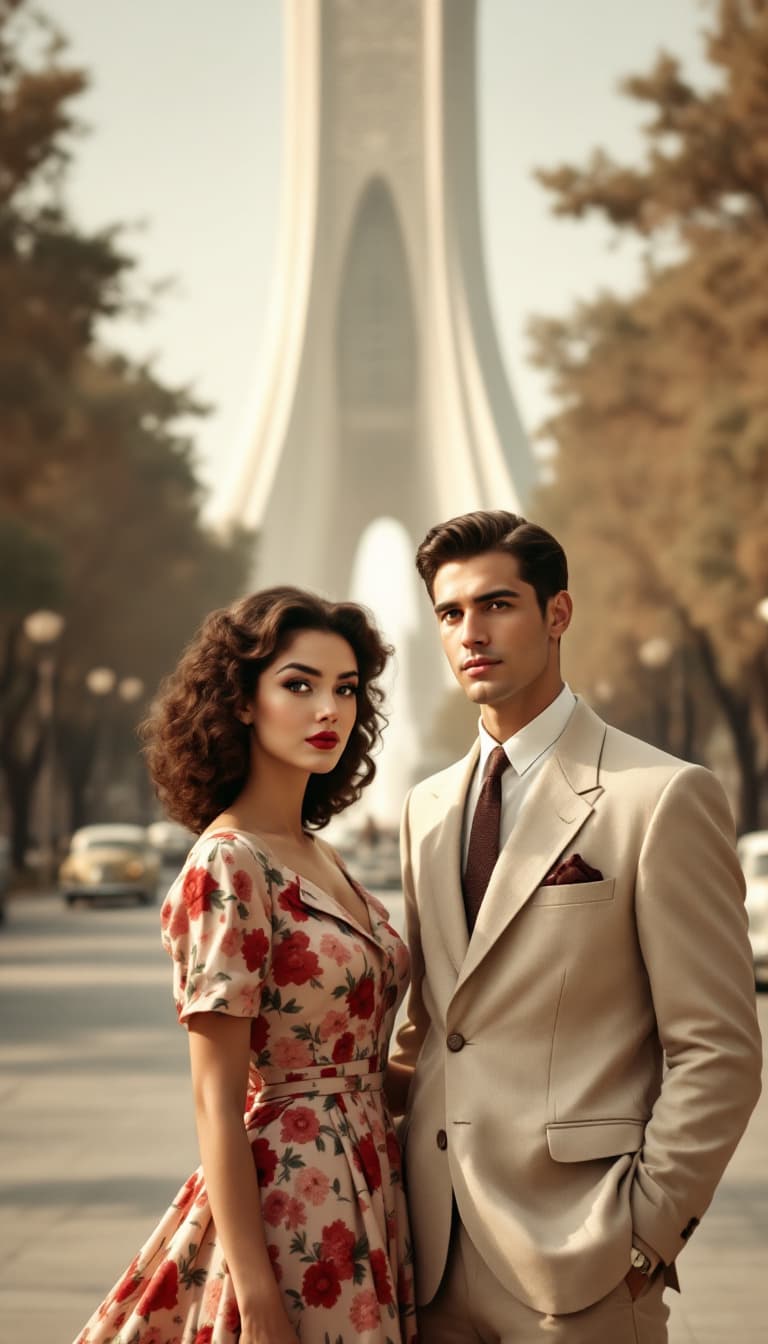 AI generated: The young couple from the 1950s stands in the heart of Tehran, with the iconic Azadi Square (formerl...