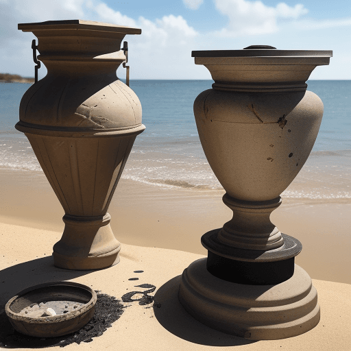 AI generated: Photo of a well worn pair of sandals sitting next to a cremation urn with the ashes blowing out acro...