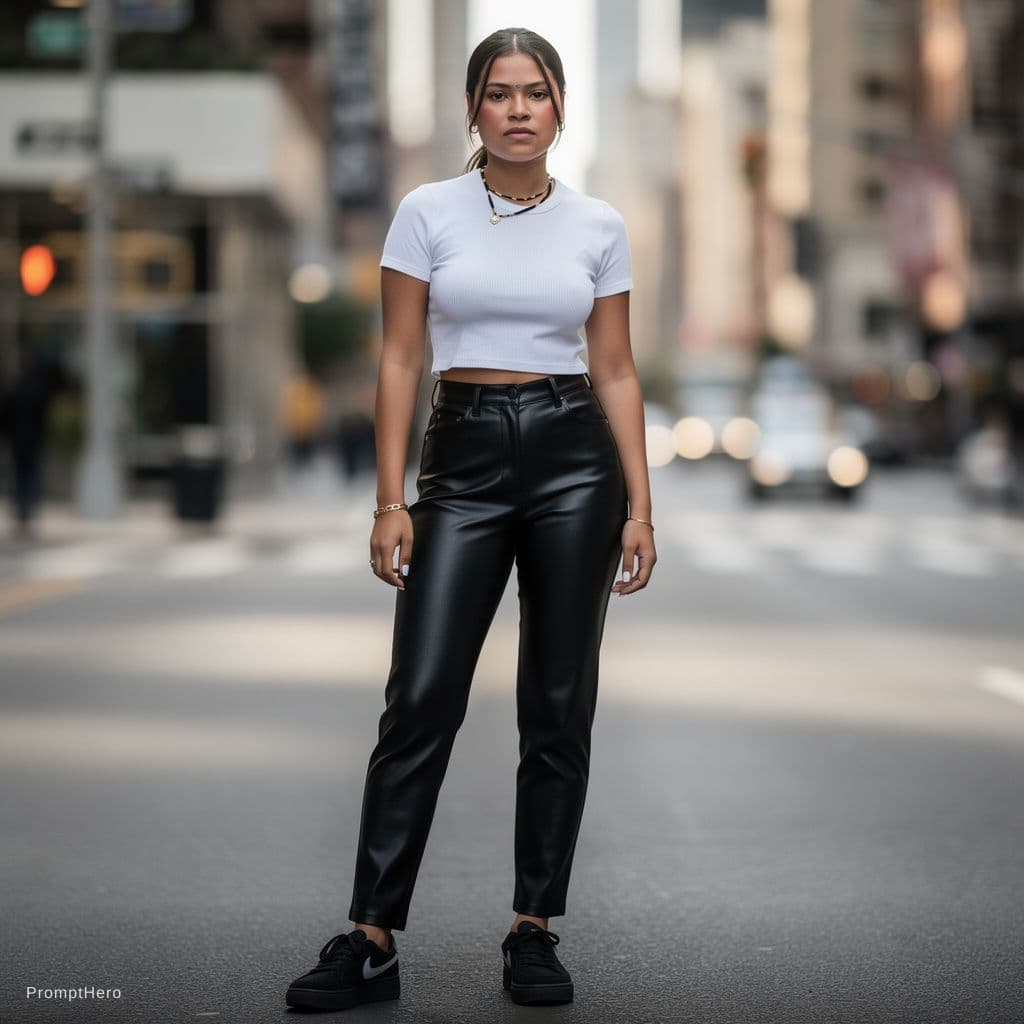 AI generated: "Hyper-realistic full-body shot of a young woman in a trendy urban setting. She is wearing a high-wa...