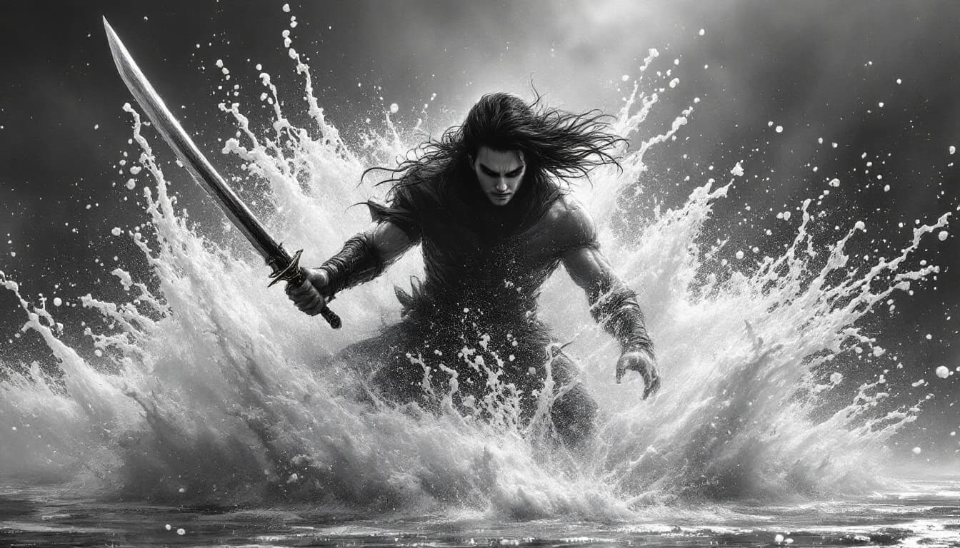 AI generated: A powerful figure emerges from an explosion of dynamic motion, wielding a sword with fierce intensit...