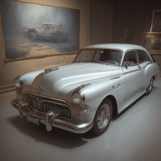 AI generated: Buick car in art gallery, in the style of detailed character illustrations, light silver and blue, h...