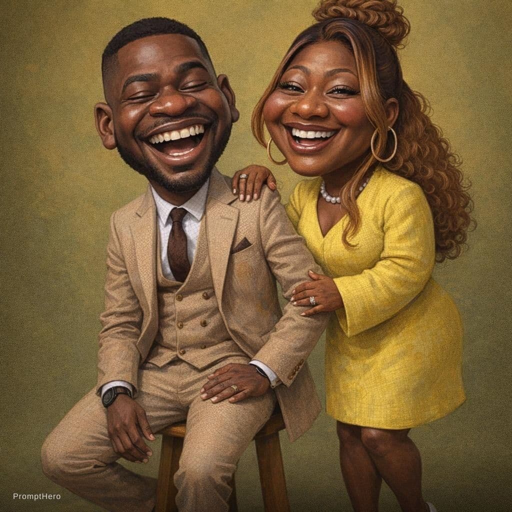 AI generated: funny caricature, adult man and woman (input Image), mid-30's, big cartoonish head, exaggerated cari...