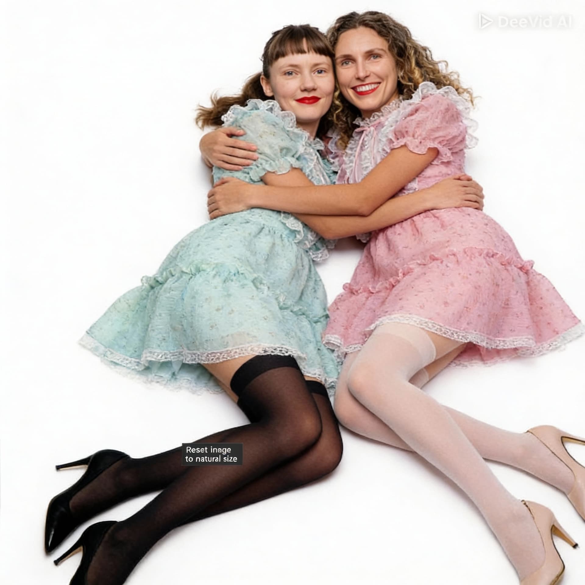 AI generated: They both wear the dress attached in different colours. show them embracing closely as they recline ...