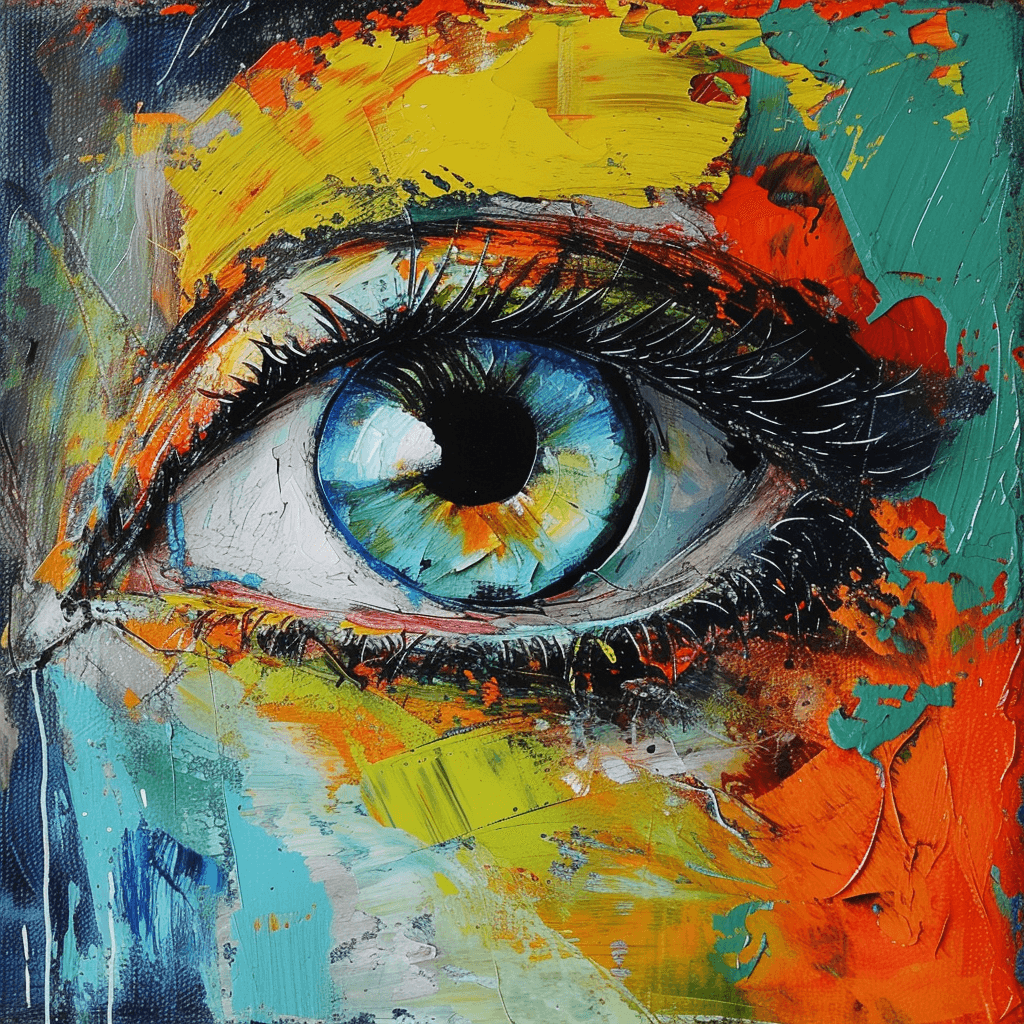 AI generated:  solo, looking at viewer, traditional media, one-eyed, colorful, abstract, eye focus --v 6