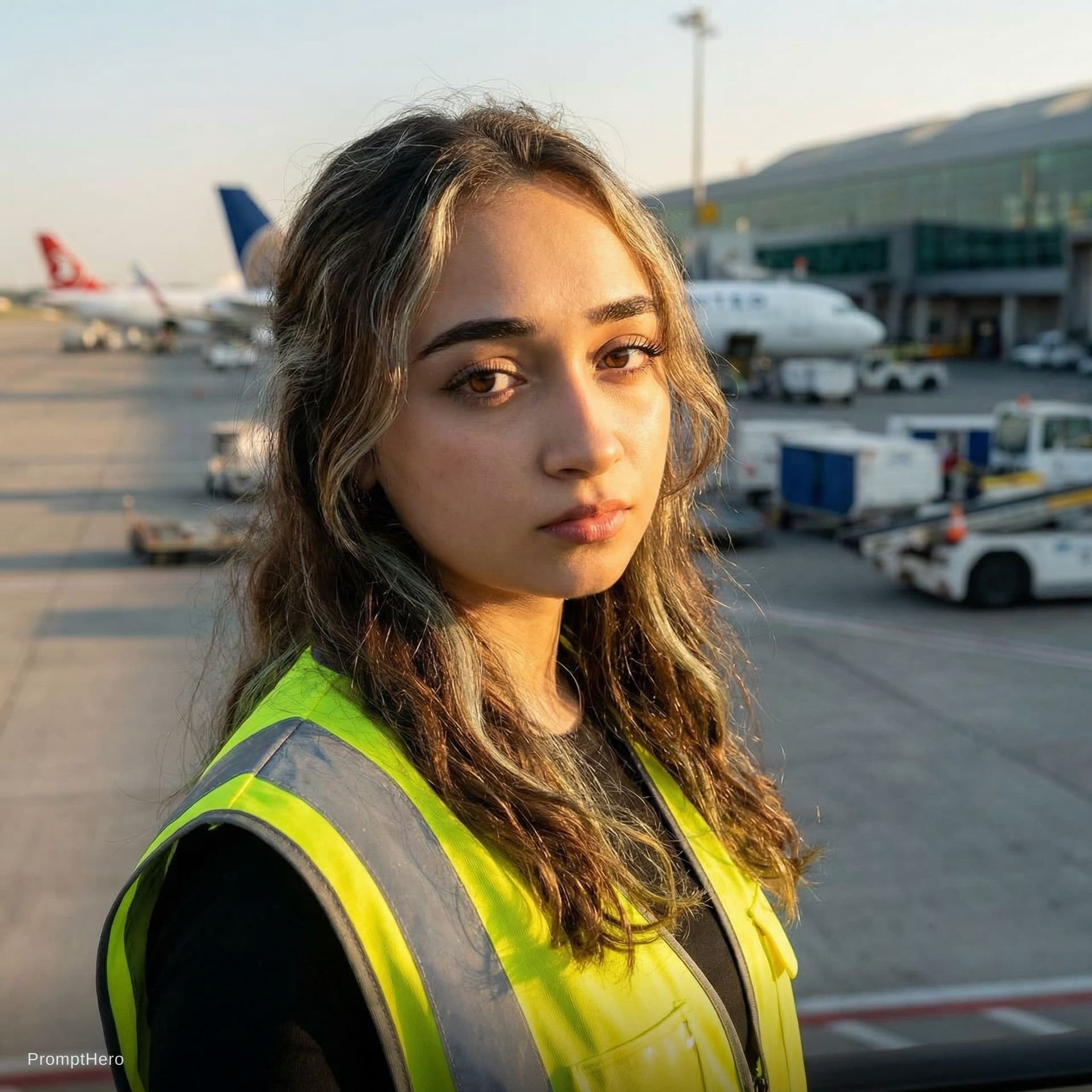 AI generated:  Close-up view of a person wearing a yellow airport safety vest, with airplanes and the airport apro...