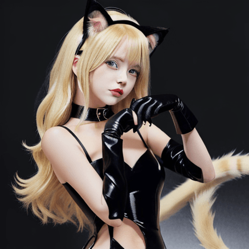 AI generated: blonde haired girl with cat ears and tail wearing black dress and cat paw gloves