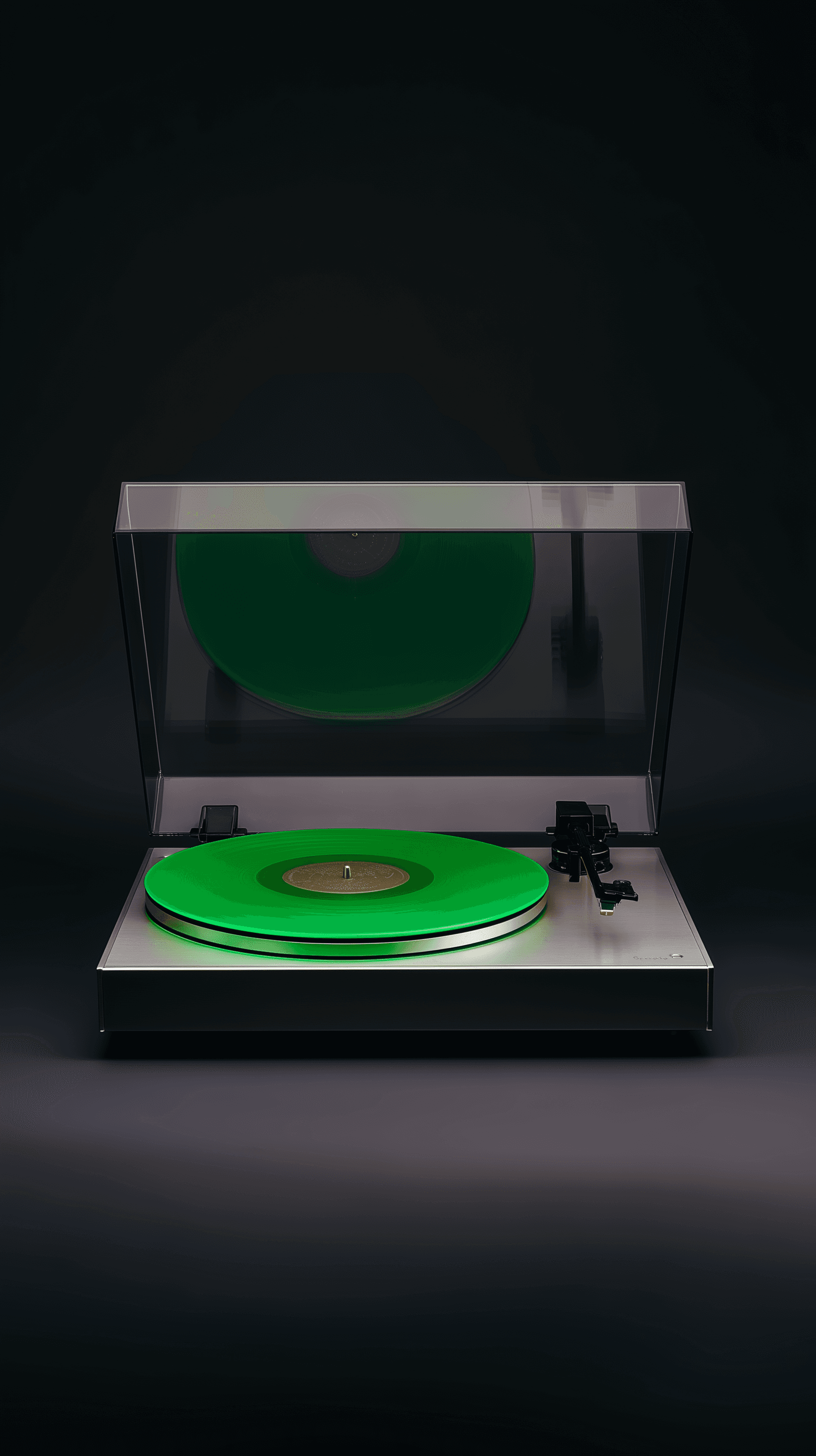 AI generated: productive photography, Dieter Rams' Braun SK4 record player, stainless steel with vivid green color...