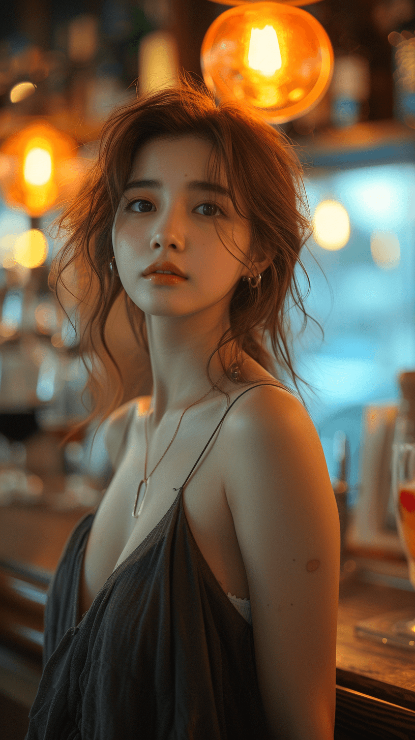 AI generated: girl in the bar looking away, in the style of hallyu, soft, romantic scenes, zeiss batis 18mm f/2.8,...