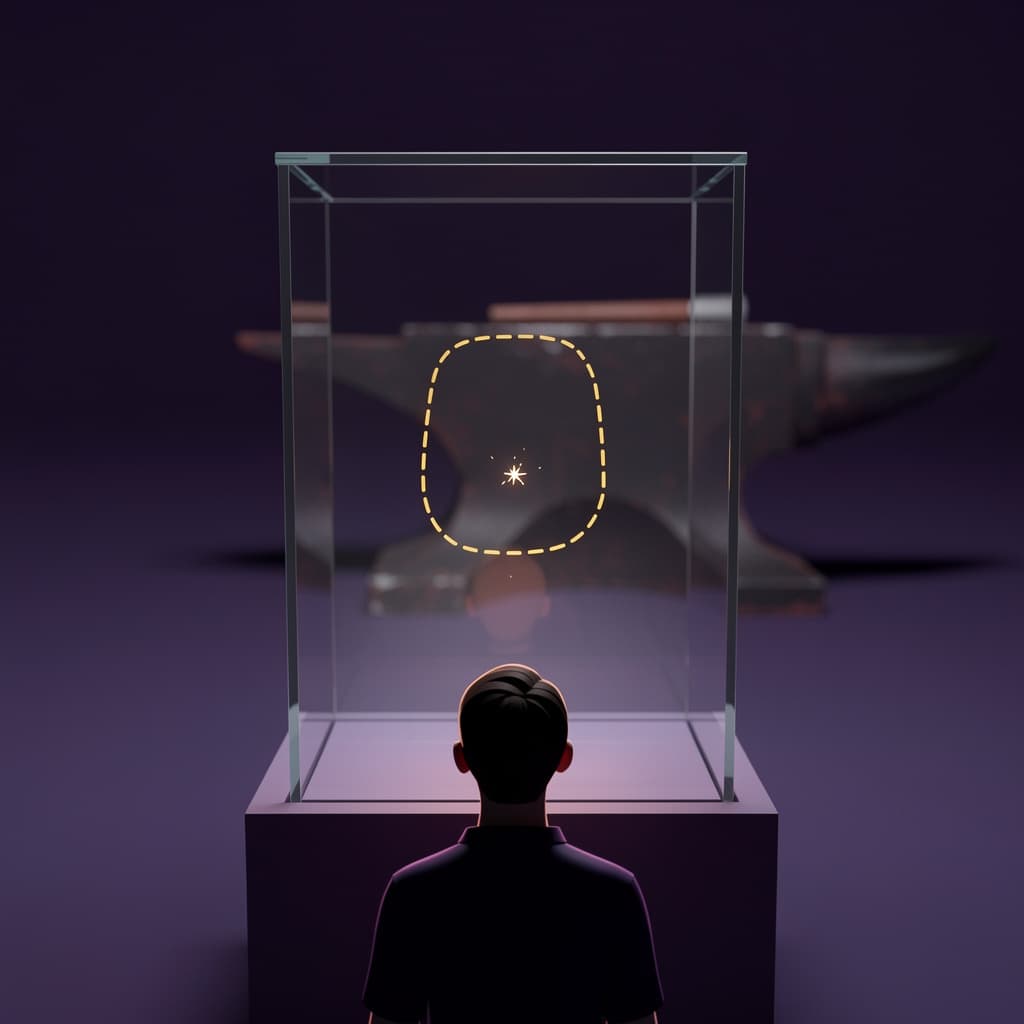 AI generated: figure seen from behind standing before empty display case, faint 
golden #FFB845 dashed outline of ...